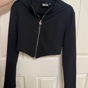 Black Cropped Jacket with Silver Zipper